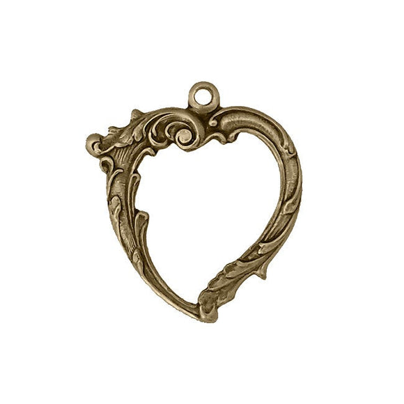 Heart Pendant with Art Nouveau Details and Open Middle - Antiqued Brass Ox Vintage Style Jewelry Making Supplies