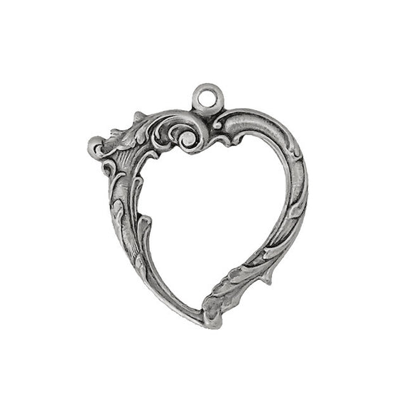 Heart Pendant with Art Nouveau Details and Open Middle - Antiqued Silver Ox Vintage Style Jewelry Making Supplies