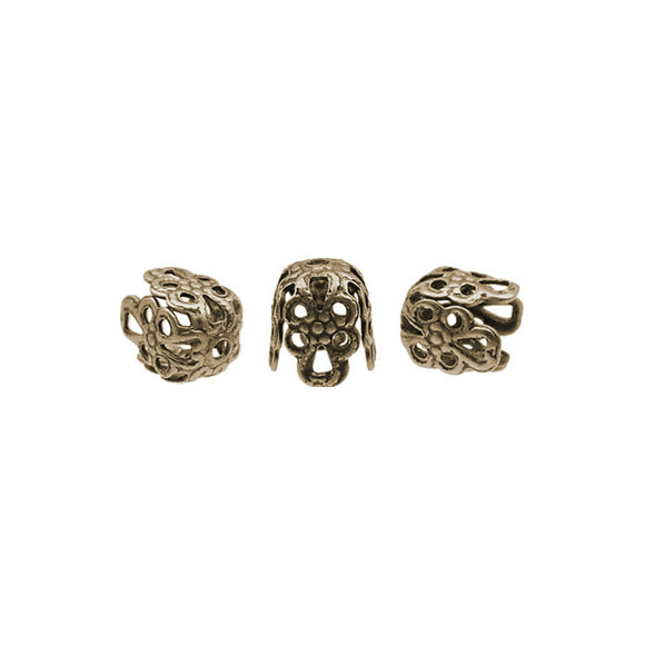 Tiny Antiqued Brass Ox Filigree Bead Caps with Floral Details - 10 Pieces - Vintage Style Jewelry Making Supplies and Findings