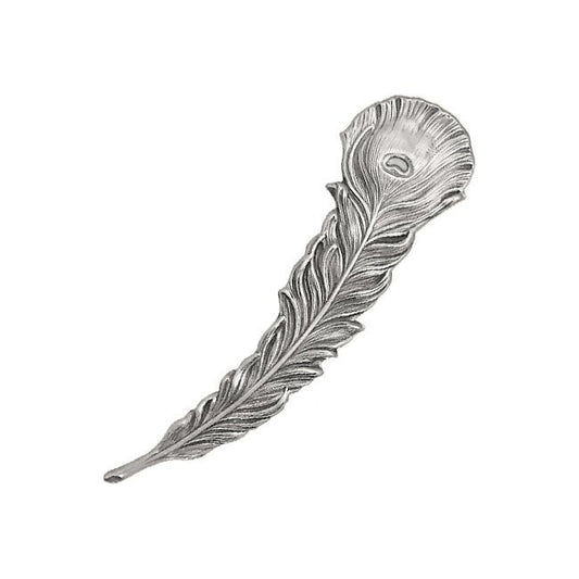 Large Peacock Feather Stamping - Antiqued Silver Ox - Scrapbooking Metal Embellishment or Jewelry Making Base - 1 Piece Right- USA Made