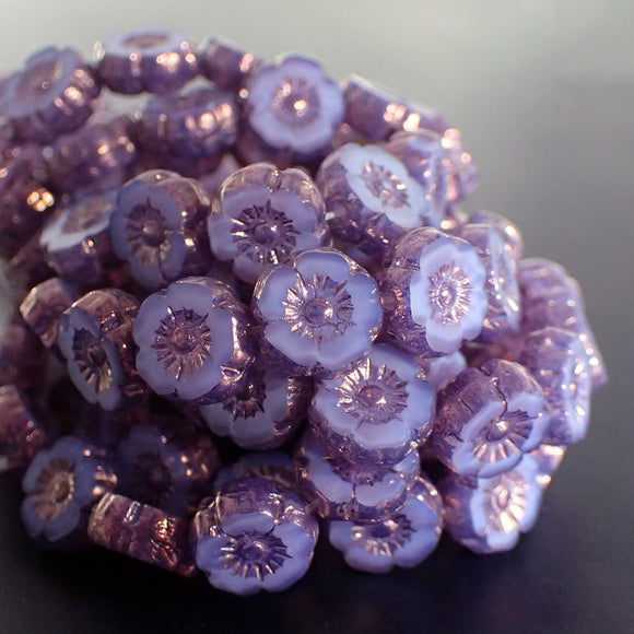9mm Lilac Purple Satin with Bronze Finish Czech Glass Flower Beads