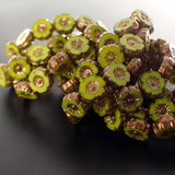 9mm Lime Green Silk with Bronze Finish Czech Glass Flower Beads