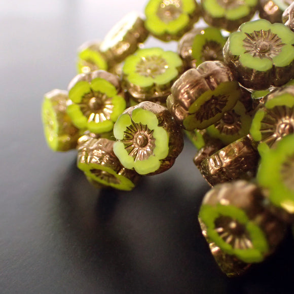 9mm Lime Green Silk with Bronze Finish Czech Glass Flower Beads
