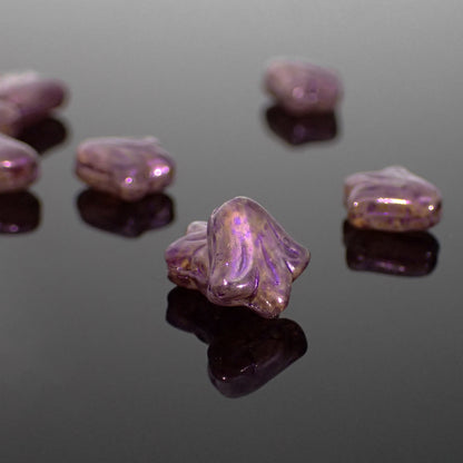 Rustic Lily Flower Beads, Artisan Czech Glass, 12 Pieces, 9mm Mottled Metallic Purple and Beige Picasso Finish