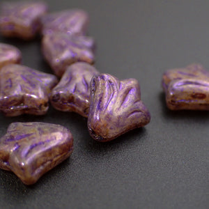 Rustic Lily Flower Beads, Artisan Czech Glass, 12 Pieces, 9mm Mottled Metallic Purple and Beige Picasso Finish