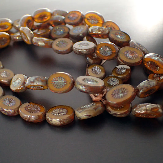 Pumpkin Orange Czech Glass Beads with Metallic Silver PIcasso Patina - 14x10mm Oval