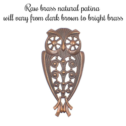 Rare European Brass Owl Filigree, 1 Piece, Raw Brass with Natural Patina