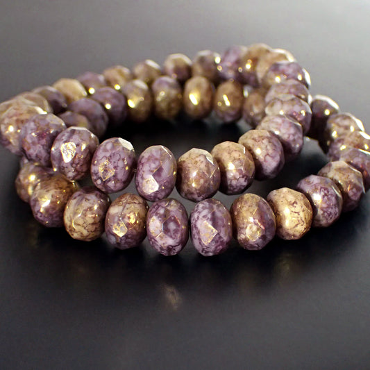 Artisan Czech Glass Rondelles Opaque Lavender and Ivory Mottled Gold Luster Full Coat