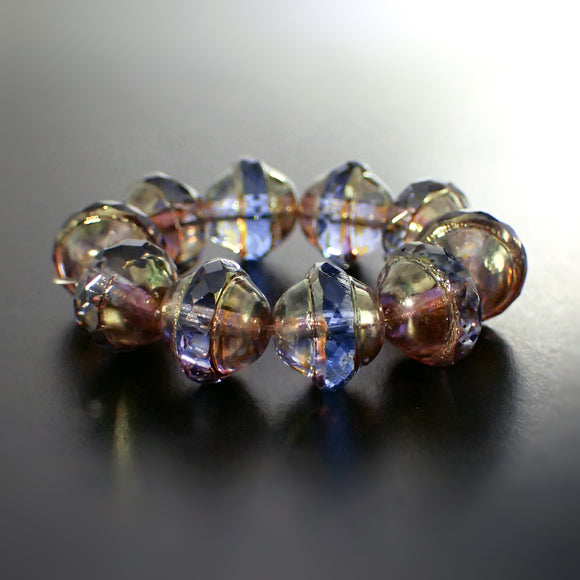 Artisan Czech Glass Beads Transparent Blue with Bronze Luster Saucer Beads
