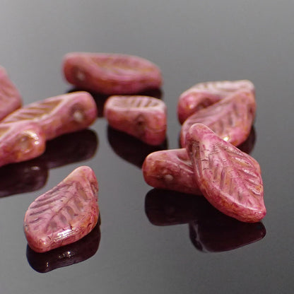 Czech Glass Leaf Beads 12x6mm Marbled Metallic Pink and Beige Picasso Finish