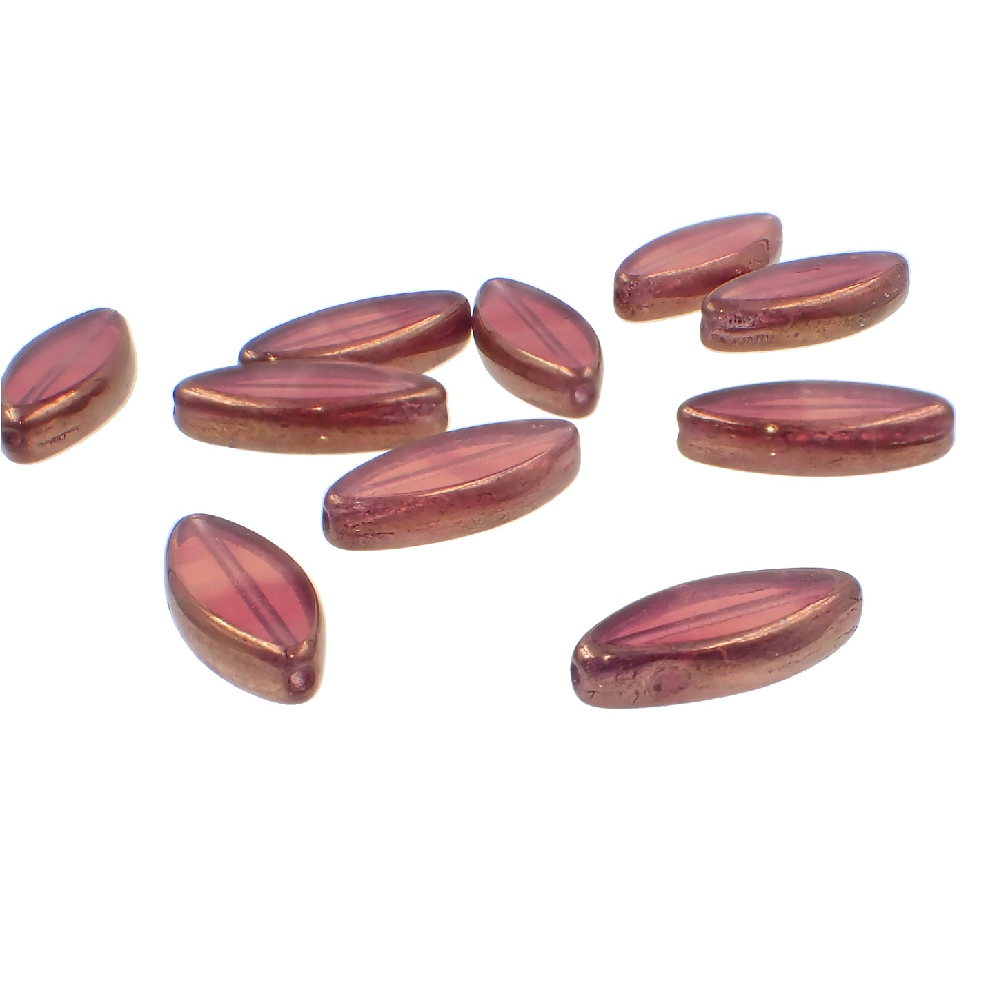 Pink Czech Glass Table Cut Pointed Oval Beads with Bronze Luster, 6 Pieces, 18x7mm