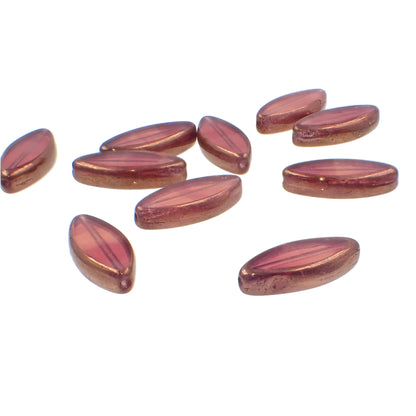 Pink Czech Glass Table Cut Pointed Oval Beads with Bronze Luster, 6 Pieces, 18x7mm