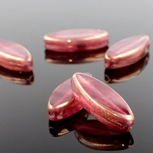 Pink Czech Glass Spindle Beads, 18x7mm Pointed Table Cut Ovals with Bronze Luster 