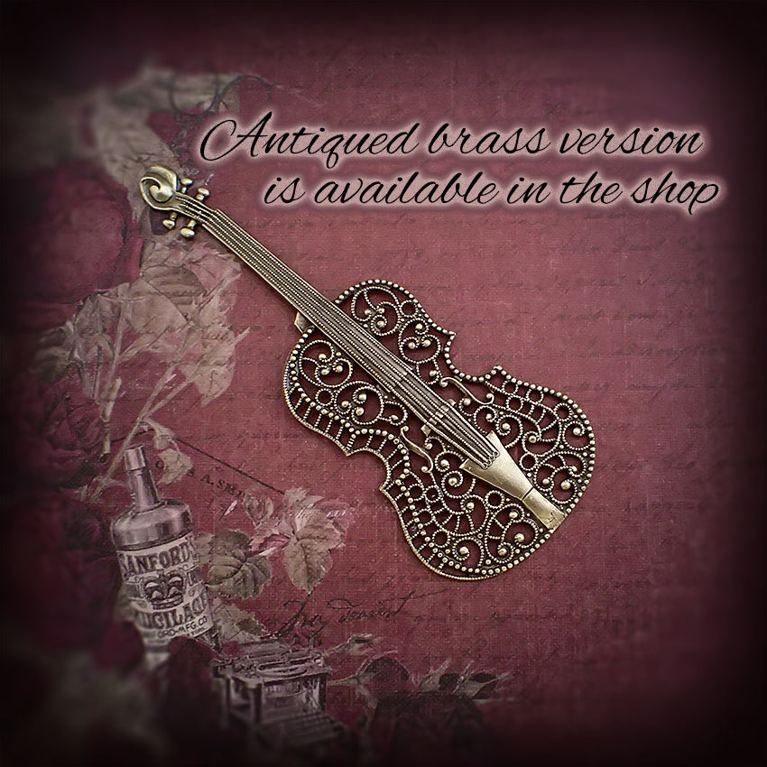 Victorian Violin Filigree Rare Antiqued Silver Plated Brass Stamping